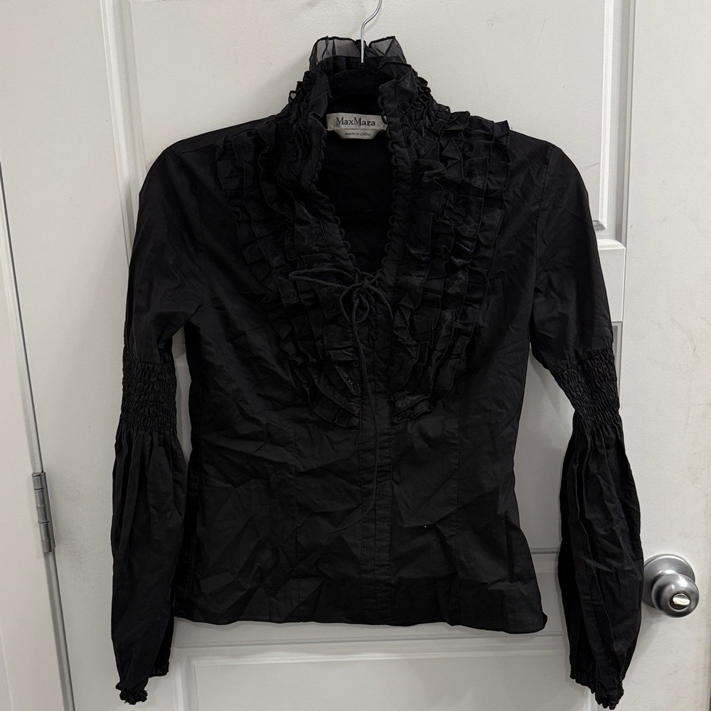 MaxMara Black Ruffled Long Sleeve Blouse Size‎ 6 Whimsigoth Fairy